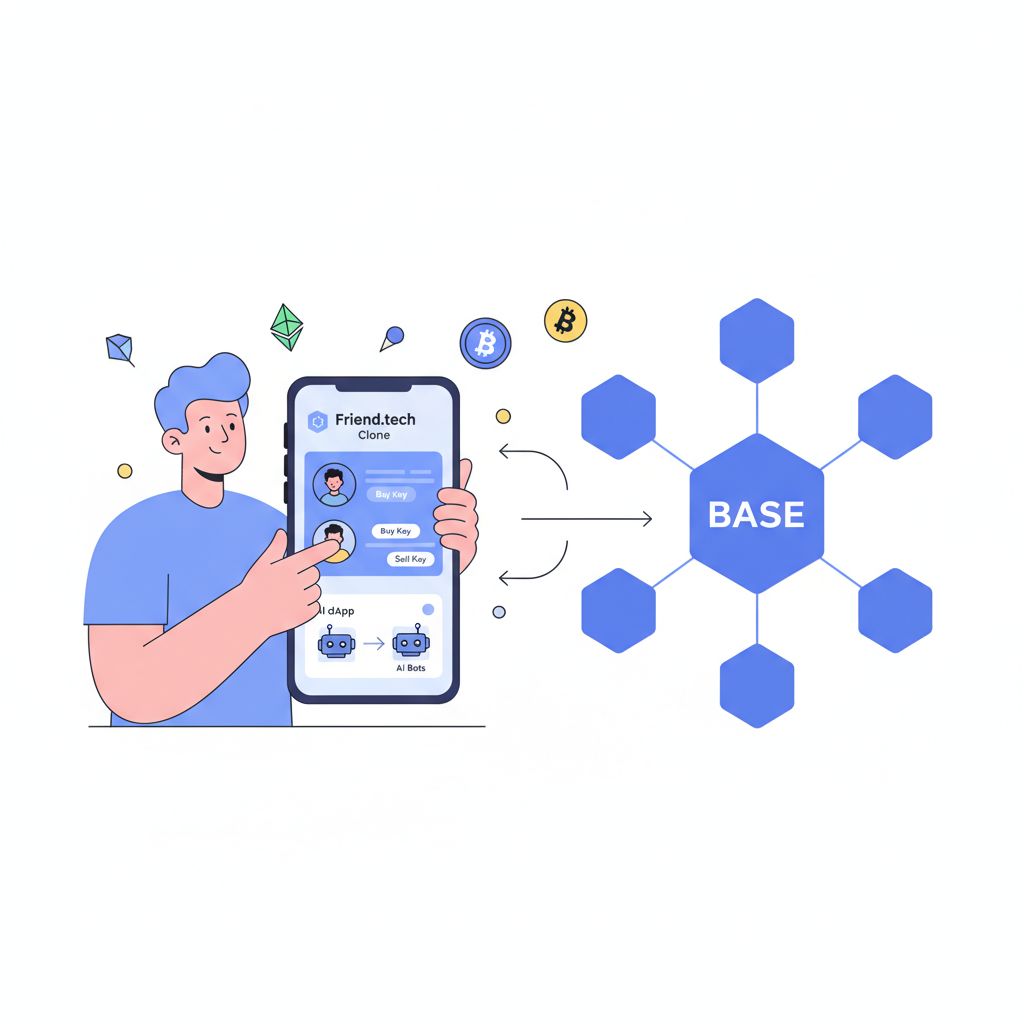 user interacting with Friend.tech clone and AI dApp on Base, social trading and AI bots, dynamic web3 scene