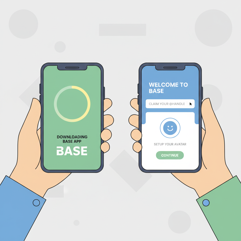 smartphone downloading Base App, onboarding screen with handle claim and avatar setup