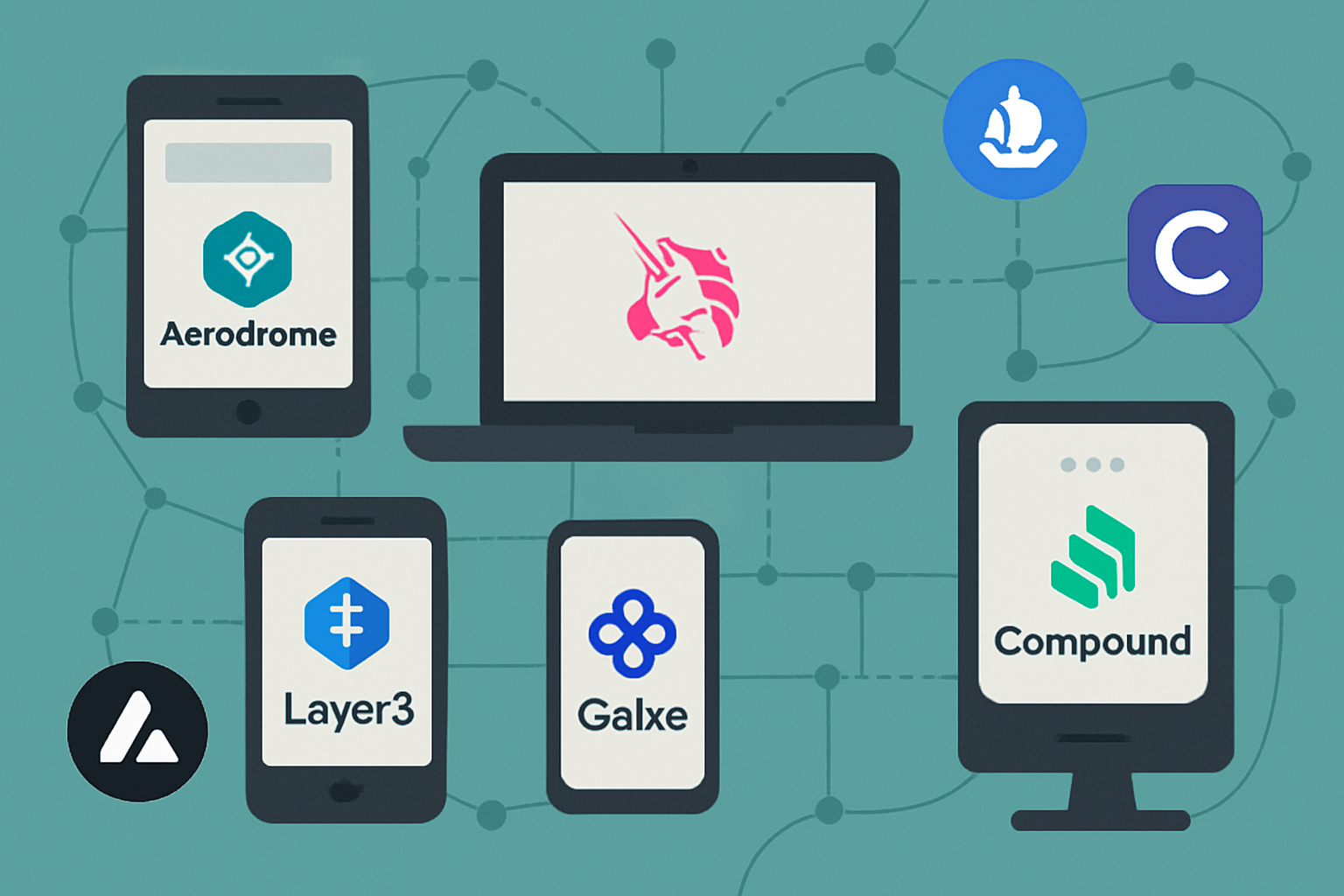 Users interacting with Base ecosystem dApps like Aerodrome, Uniswap v3, OpenSea, Compound, and Galxe on multiple devices (laptop, tablet, smartphone)
