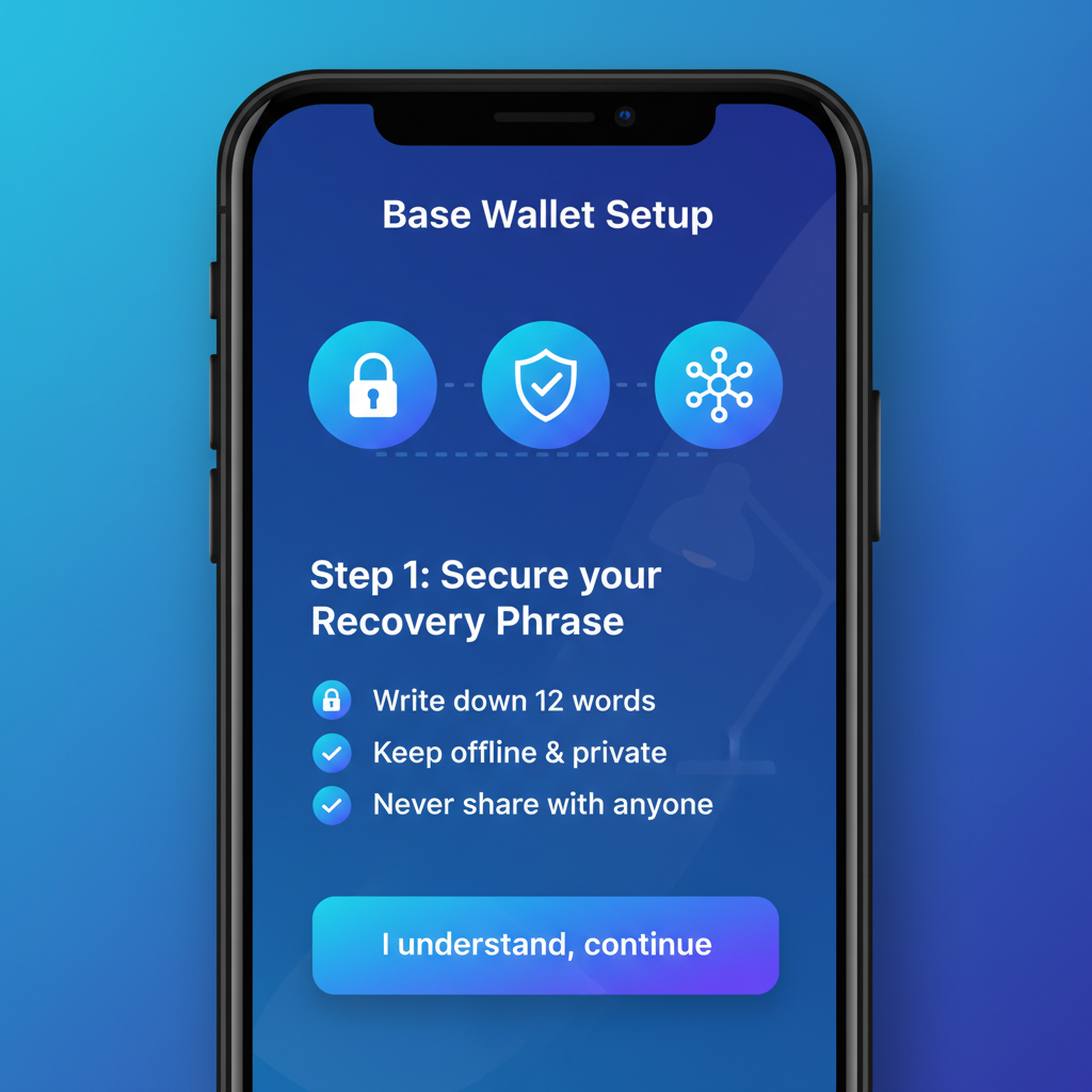 smartphone screen displaying Base wallet setup interface, crypto blue tones, clean UI