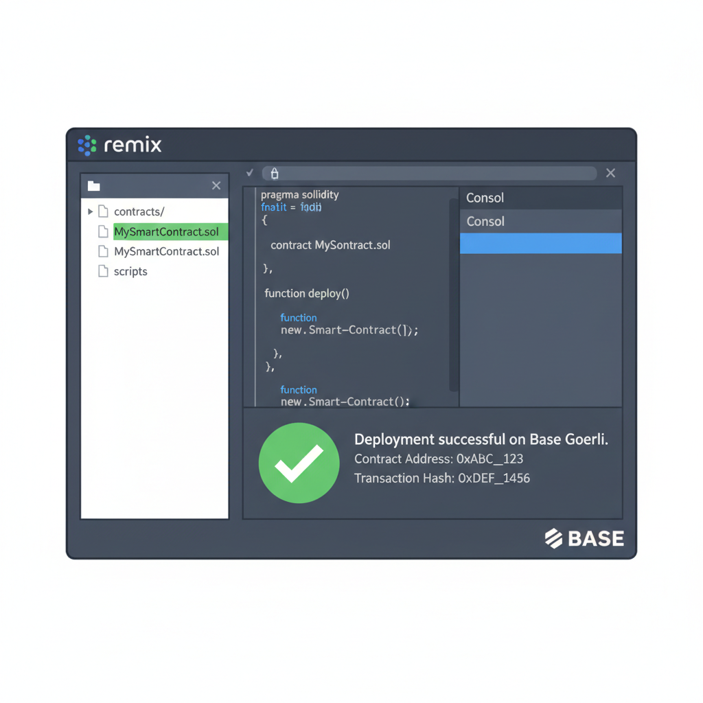 remix ide deploying smart contract on base chain, code snippets, green success checkmark