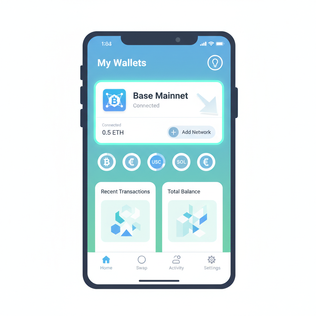 sleek mobile wallet app interface showing Base Mainnet added, futuristic UI, crypto dashboard