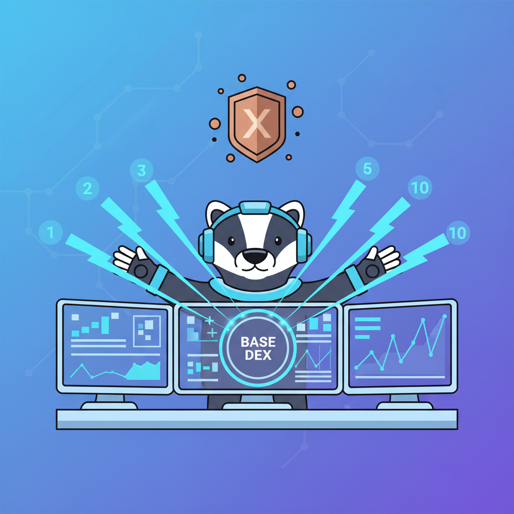 animated trader executing 10 lightning-fast transactions on Base chain DEX, bronze badge popping up