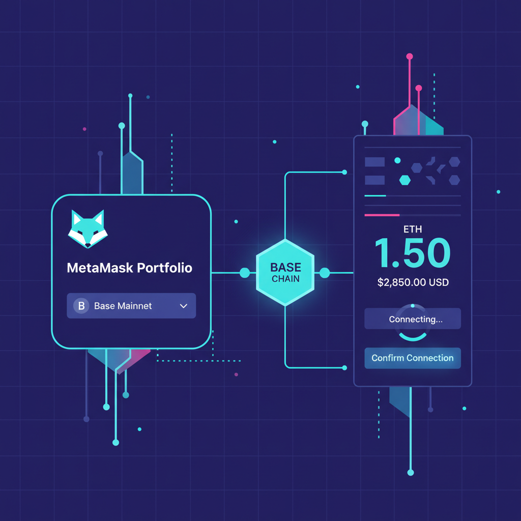 sleek metamask wallet interface connecting to base chain network, futuristic crypto dashboard, vibrant blues and purples