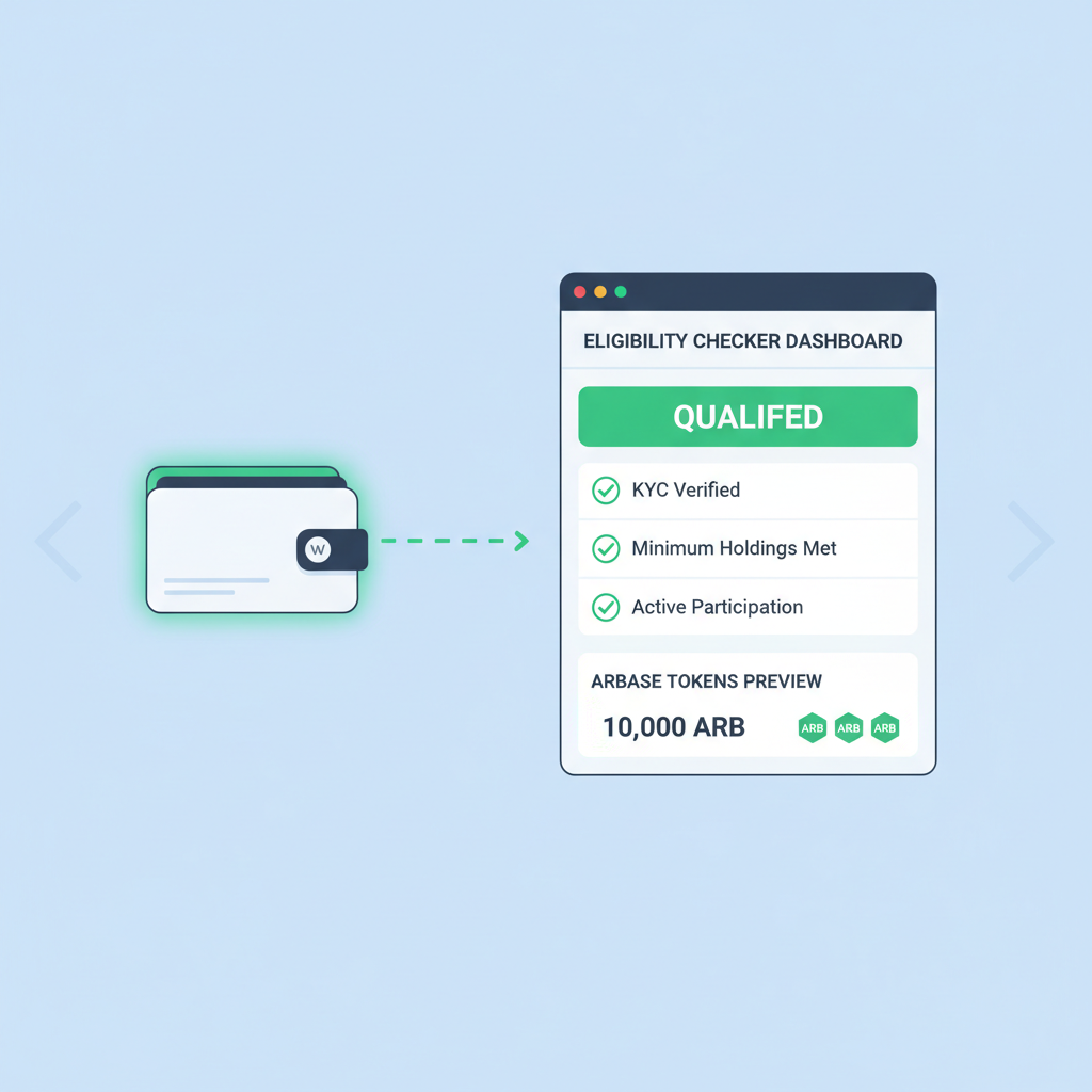 wallet connected to eligibility checker dashboard showing qualified status, green checkmarks, ARBASE tokens preview