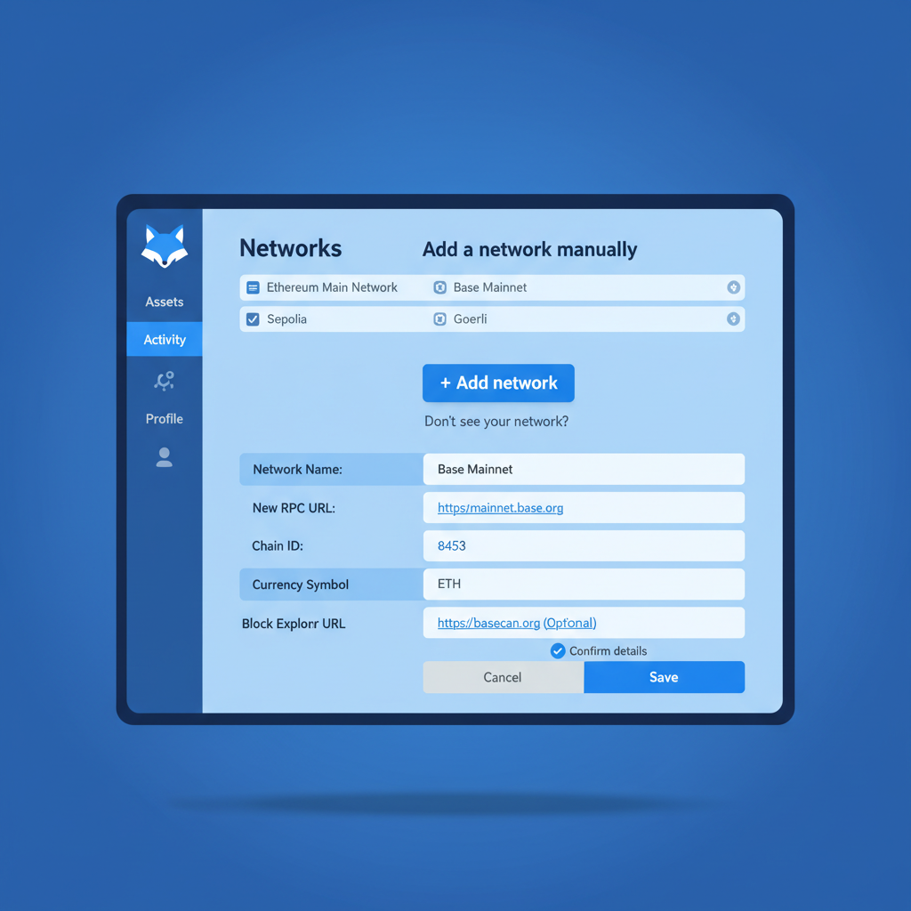 MetaMask wallet adding Base network, clean interface, blue tones --ar 16:9