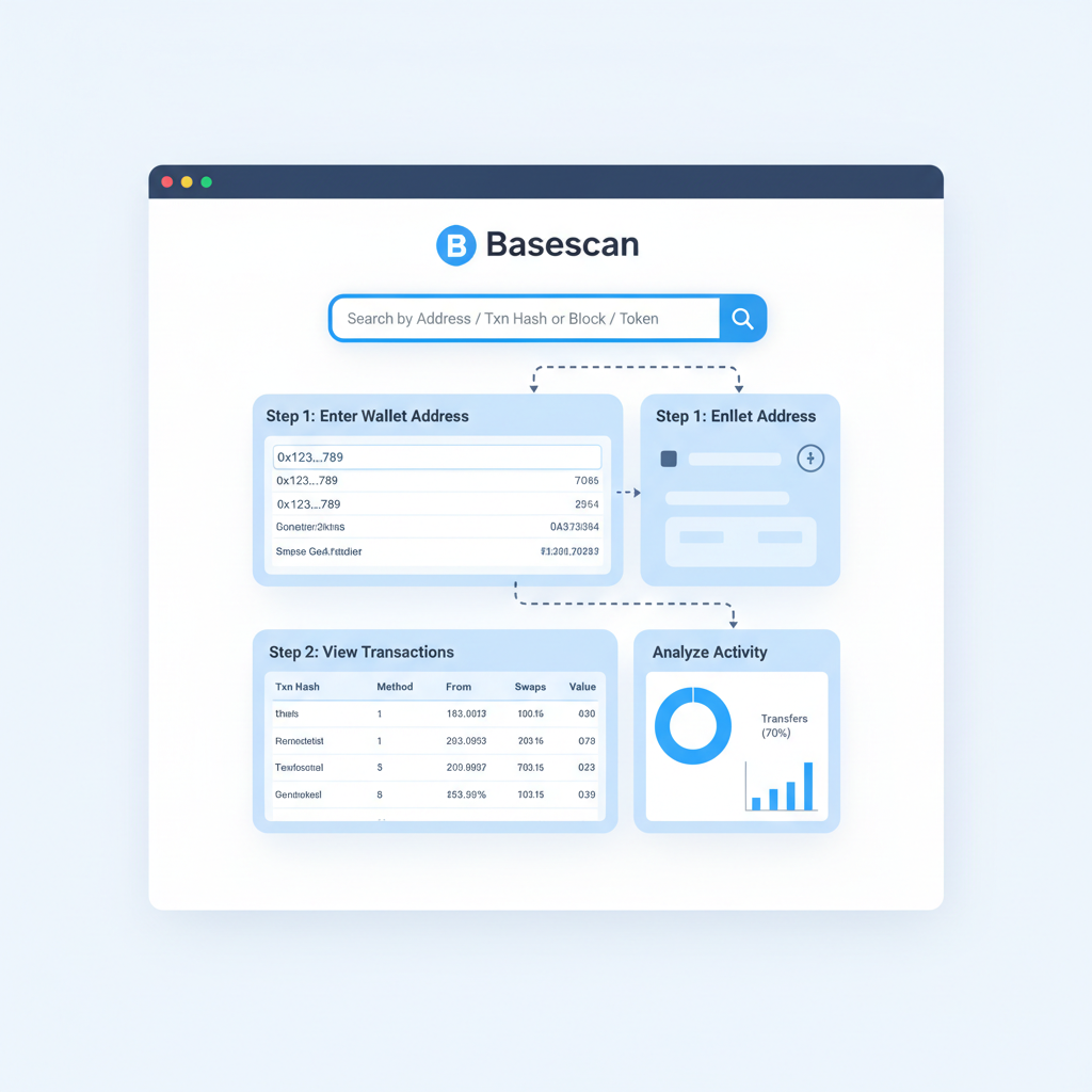 Basescan.org homepage with wallet address search bar, crypto explorer interface