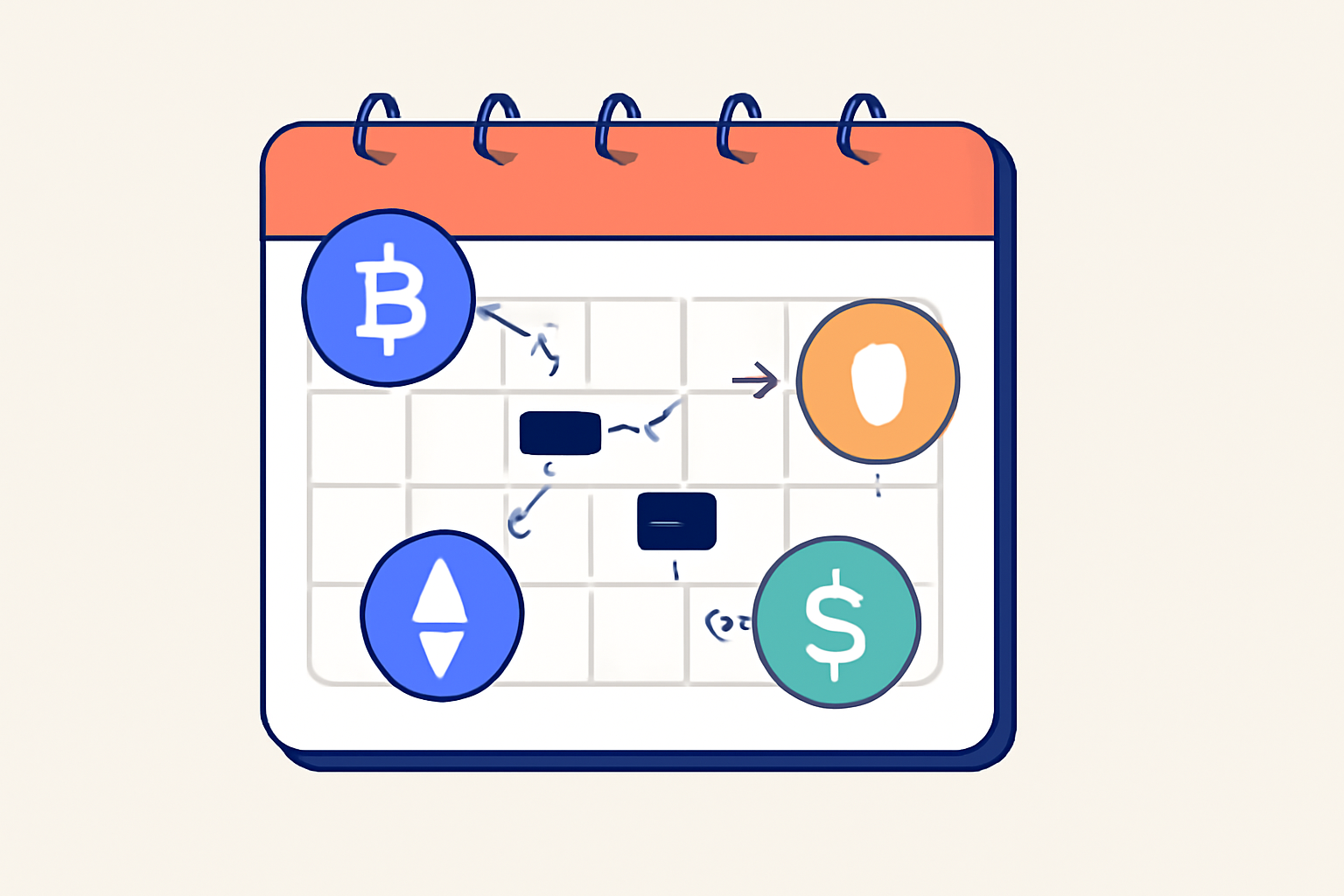A calendar overlayed with blockchain transactions and multiple token icons, representing ongoing activity.