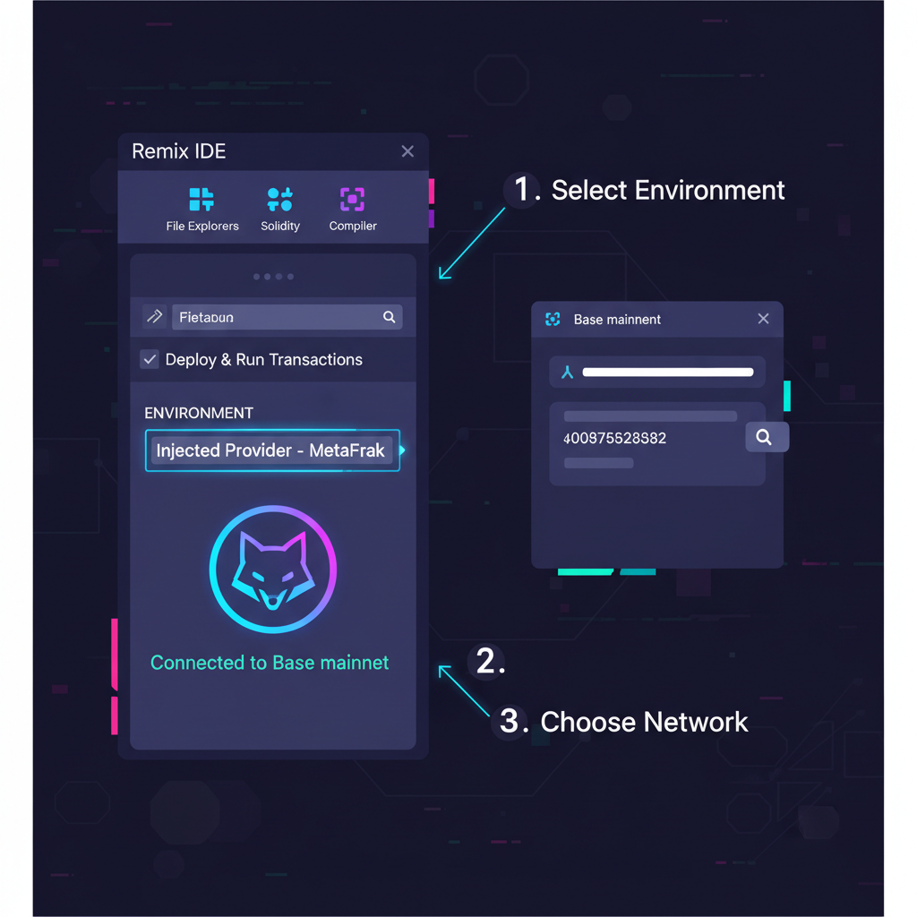 Remix IDE dashboard with MetaMask connected to Base mainnet, neon cyberpunk style