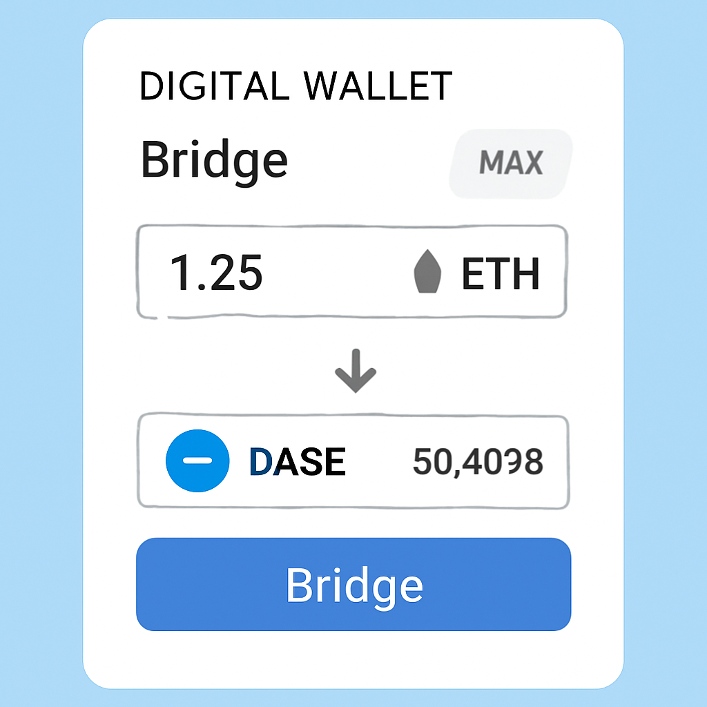 A digital wallet interface where a user enters an amount of ETH to bridge, with a price ticker showing $0.4008 for BASE token.