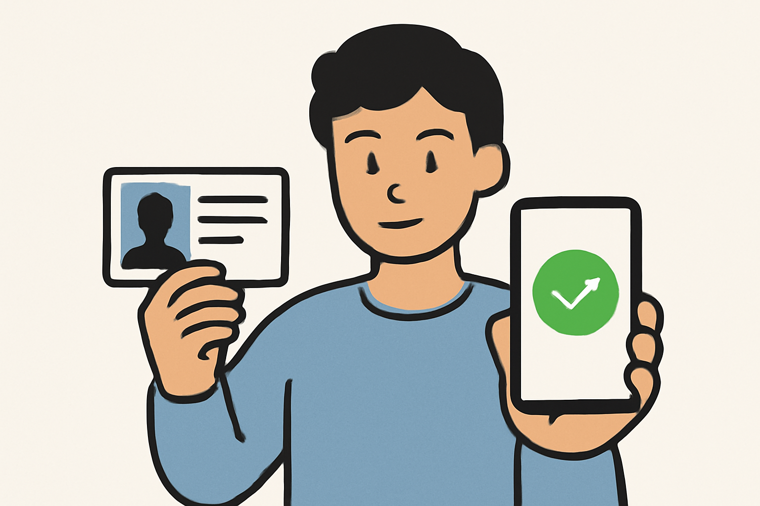 A user holding an ID card and a phone, completing an online verification process with a checkmark symbol appearing on the screen.
