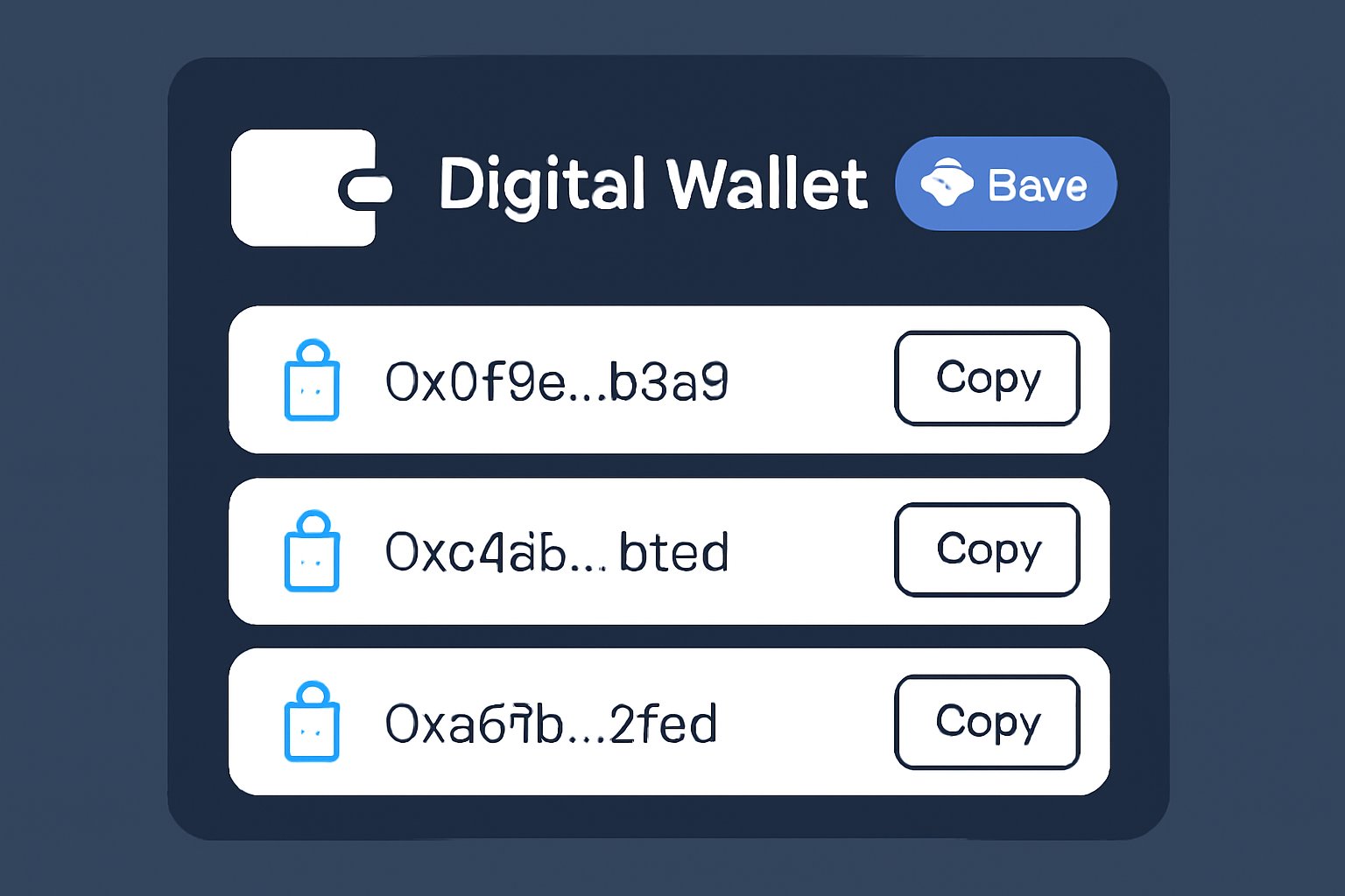 A secure digital wallet interface displaying multiple unique wallet addresses and Base network connectivity.