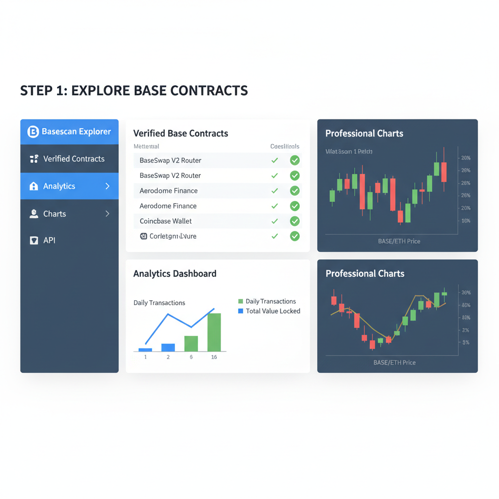 Basescan explorer showing verified Base contracts, analytics dashboard, professional charts
