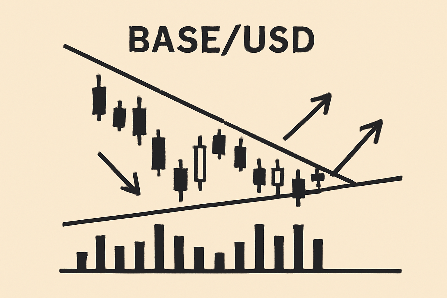 A BASE/USD chart showing trend lines, volume bars increasing near support/resistance, arrows indicating trend direction.