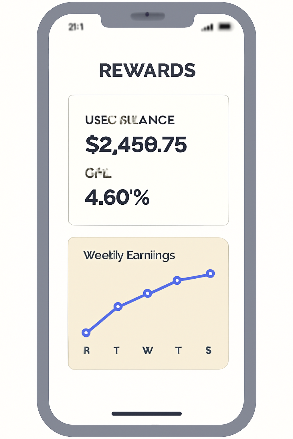 A rewards dashboard on a smartphone showing USDC balances, APY rates, and a graph of weekly earnings.