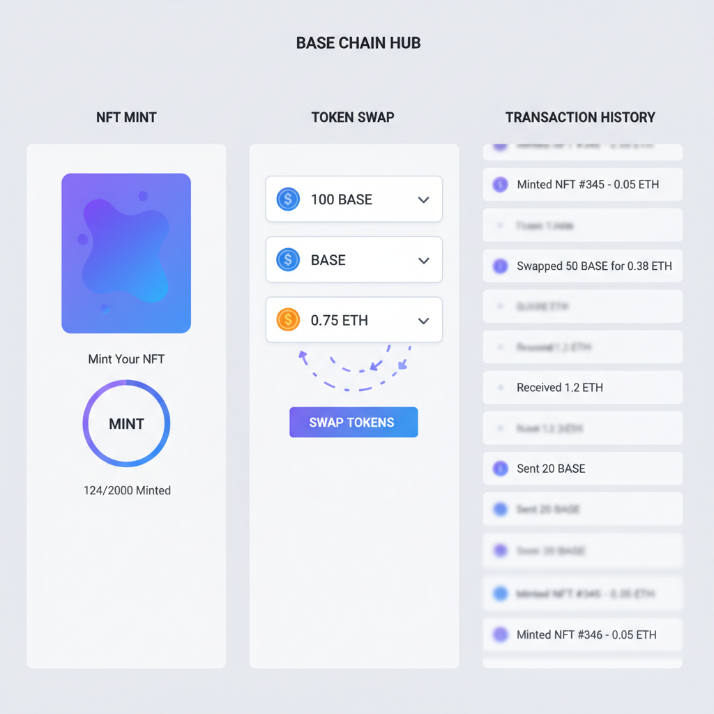 base chain dashboard with nft mint, token swap animations, transaction history scrolling