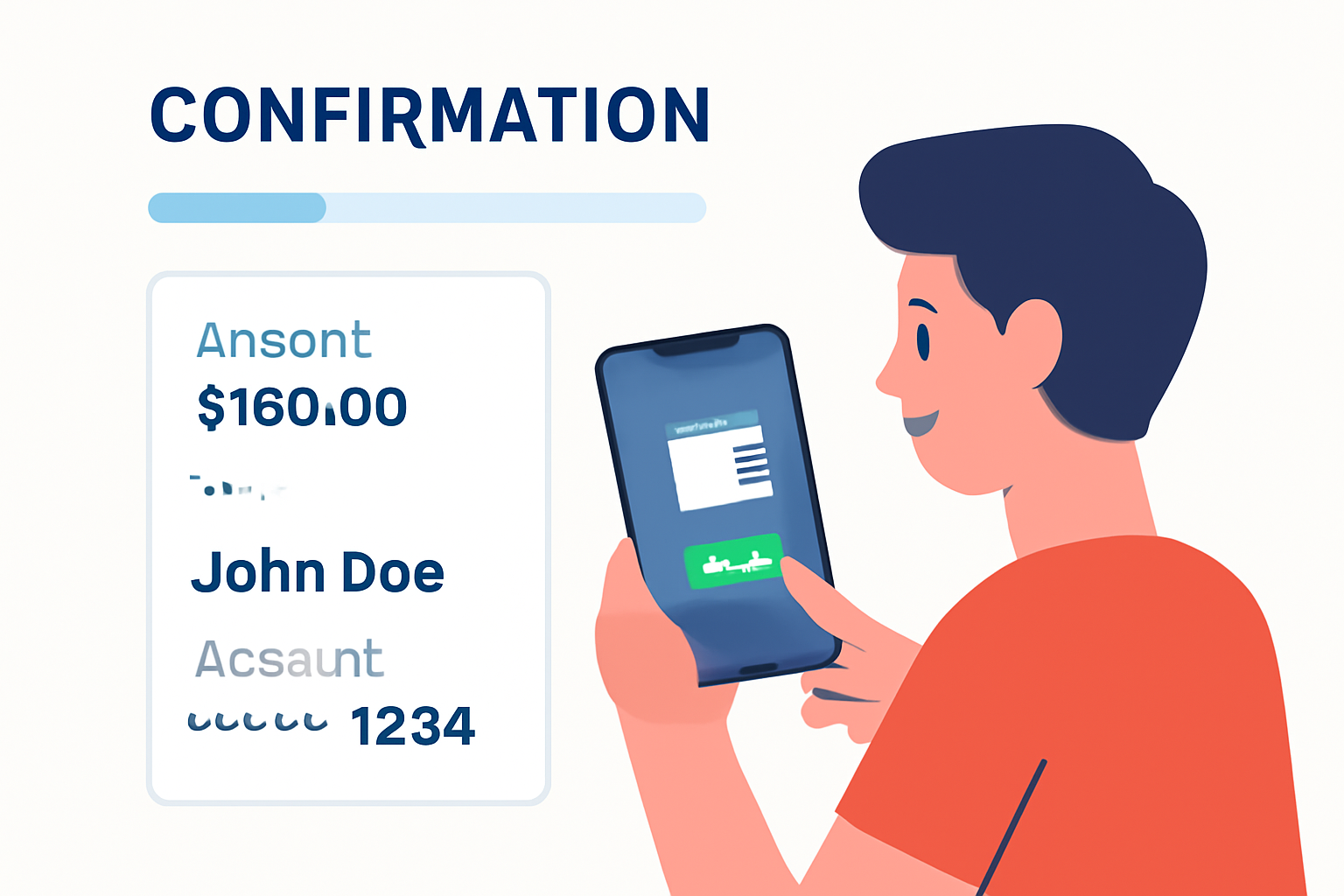 A confirmation screen showing transaction details and a user approving the transaction on their wallet app, with a progress bar indicating waiting time.
