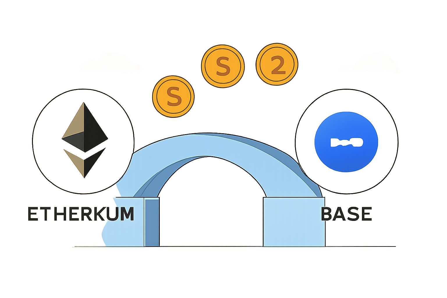 A digital bridge connecting Ethereum and Base logos, with coins moving across the bridge.