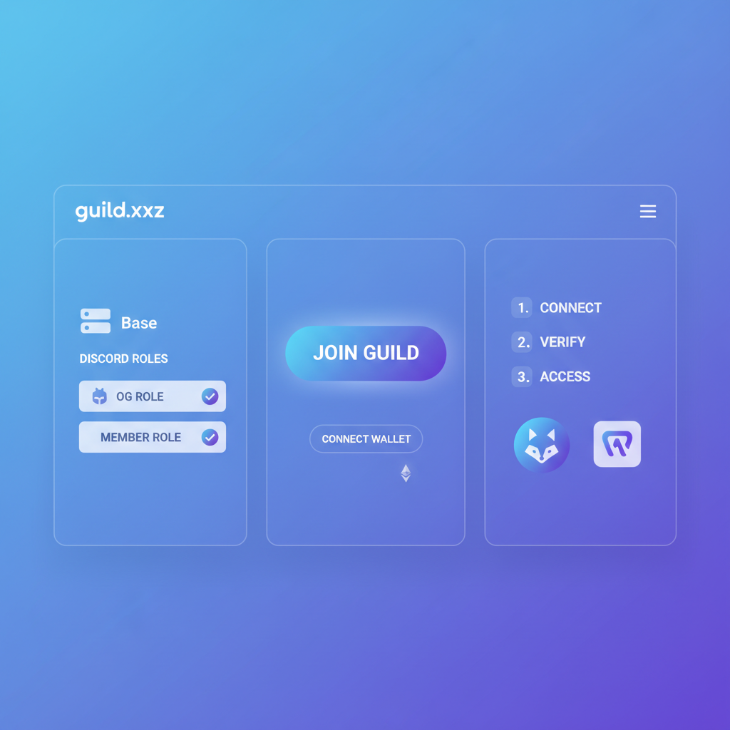 sleek web interface guild.xyz base discord roles join button wallet connect ethereum minimalist blue purple tones