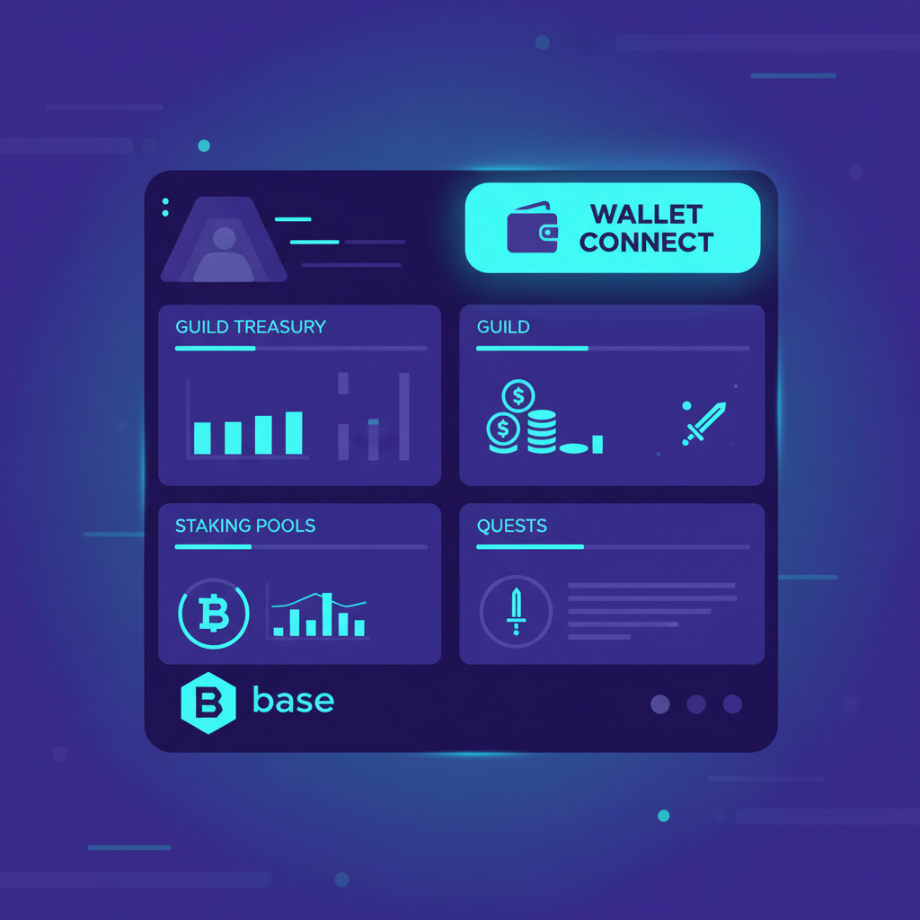 sleek crypto guild dashboard on Base network, neon blue and purple theme, wallet connect button prominent, futuristic UI, high tech --ar 16:9