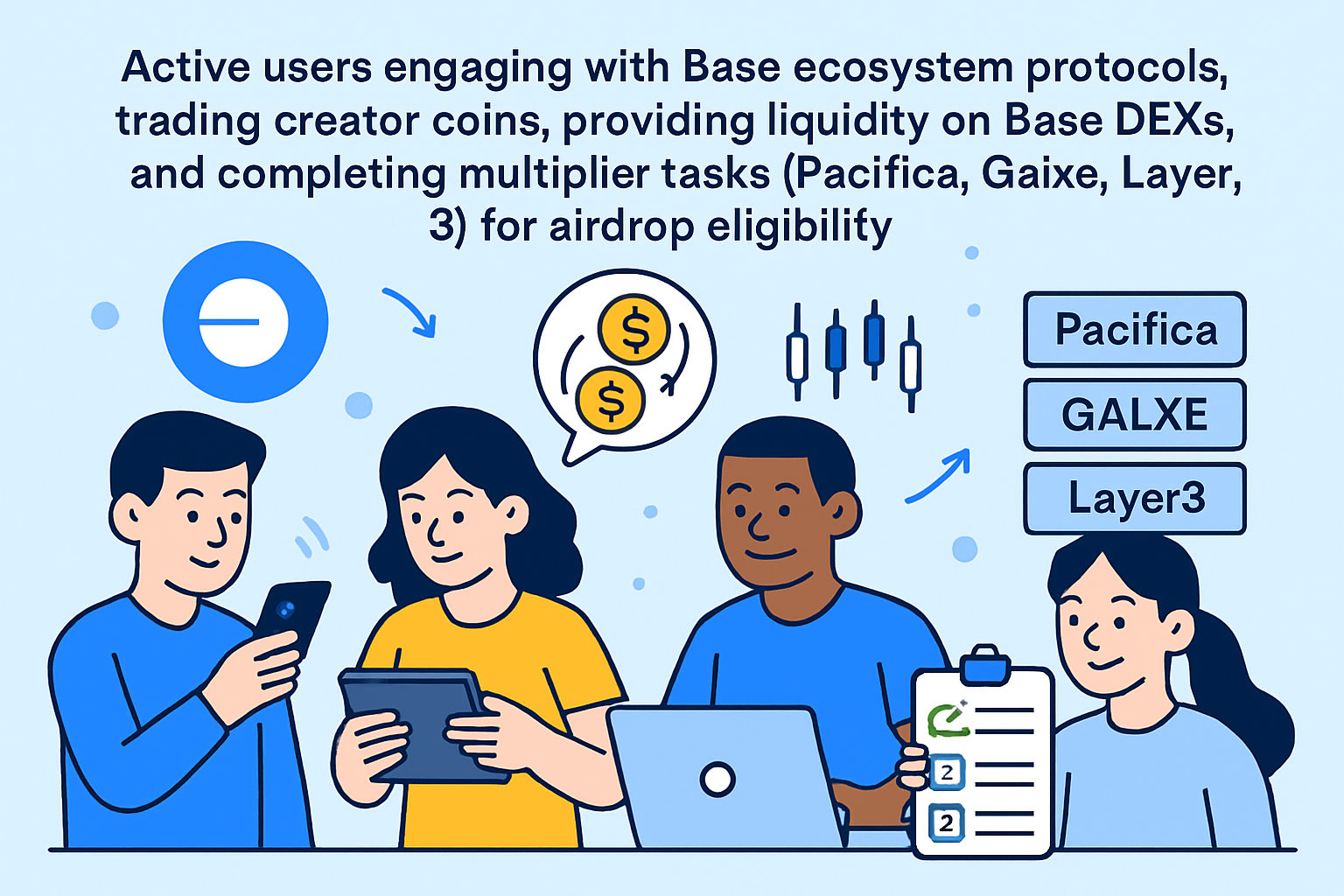 Active crypto users interacting with Base ecosystem protocols, trading creator coins, providing liquidity on Base DEXs, and completing airdrop multiplier tasks on platforms like Pacifica, Galxe, and Layer3.