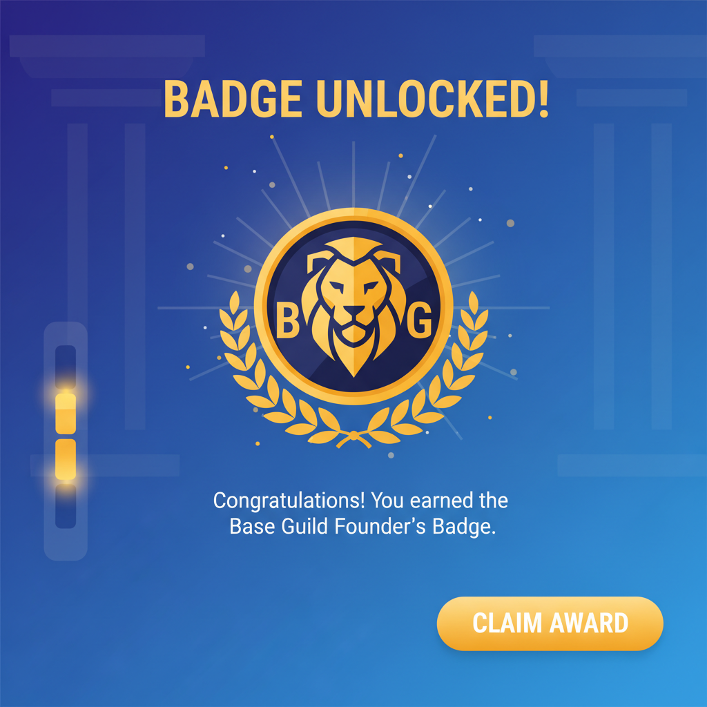 Base Guild badge unlock screen, golden badge award --ar 16:9