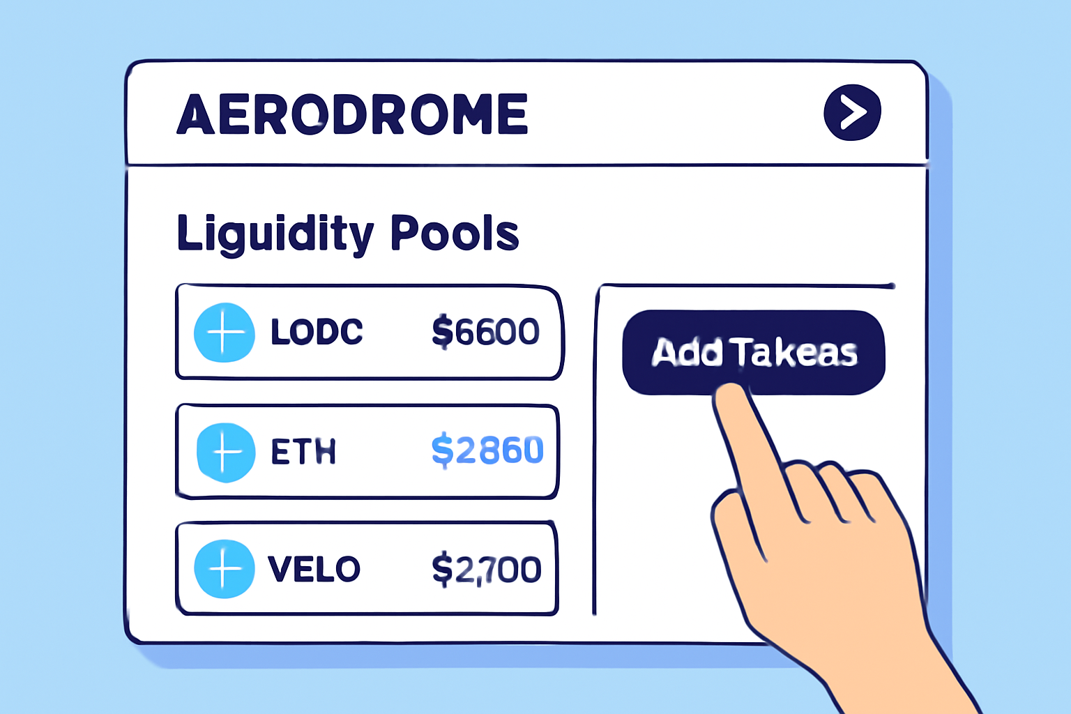 A dashboard view of Aerodrome showing liquidity pools, with a user adding tokens to a pool.